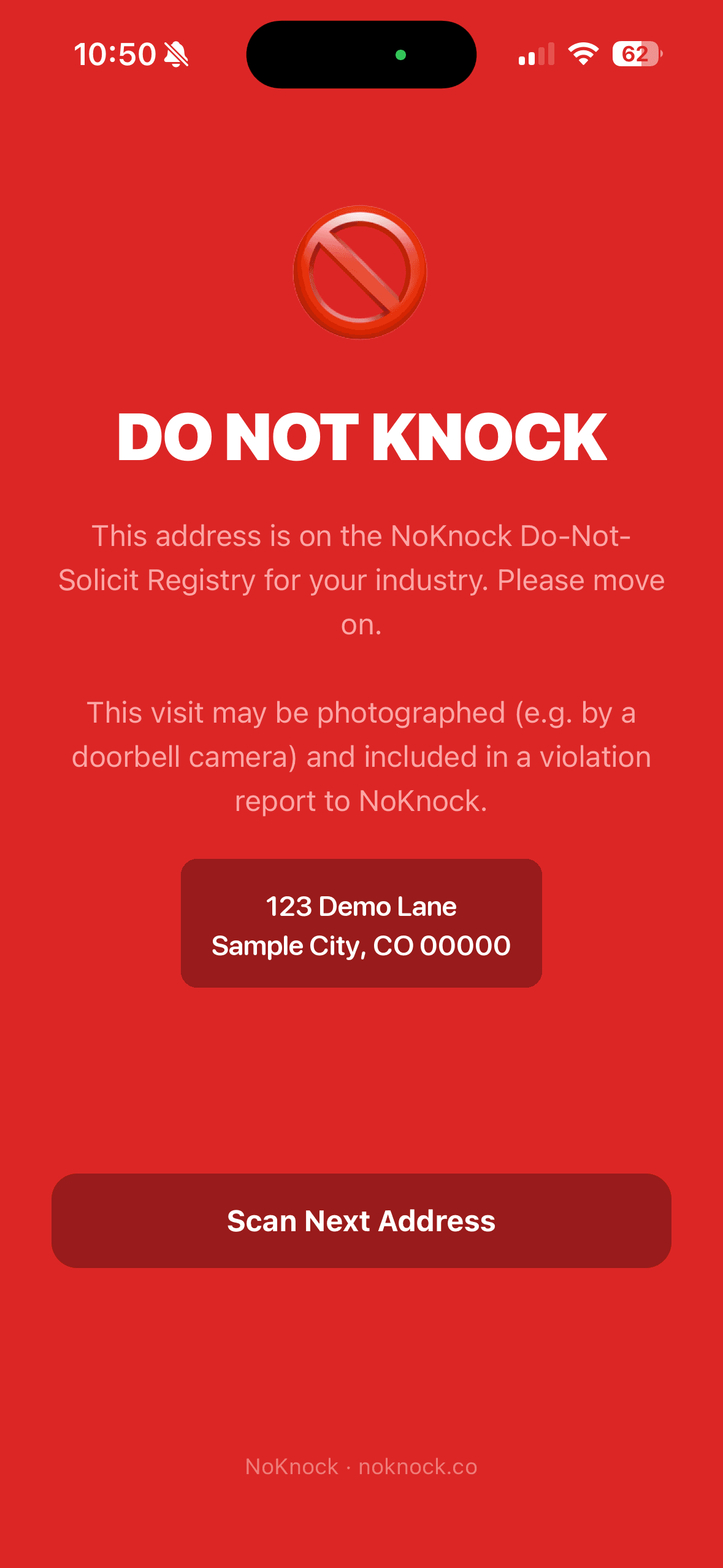 Canvasser app showing a red "Do Not Knock" scan result