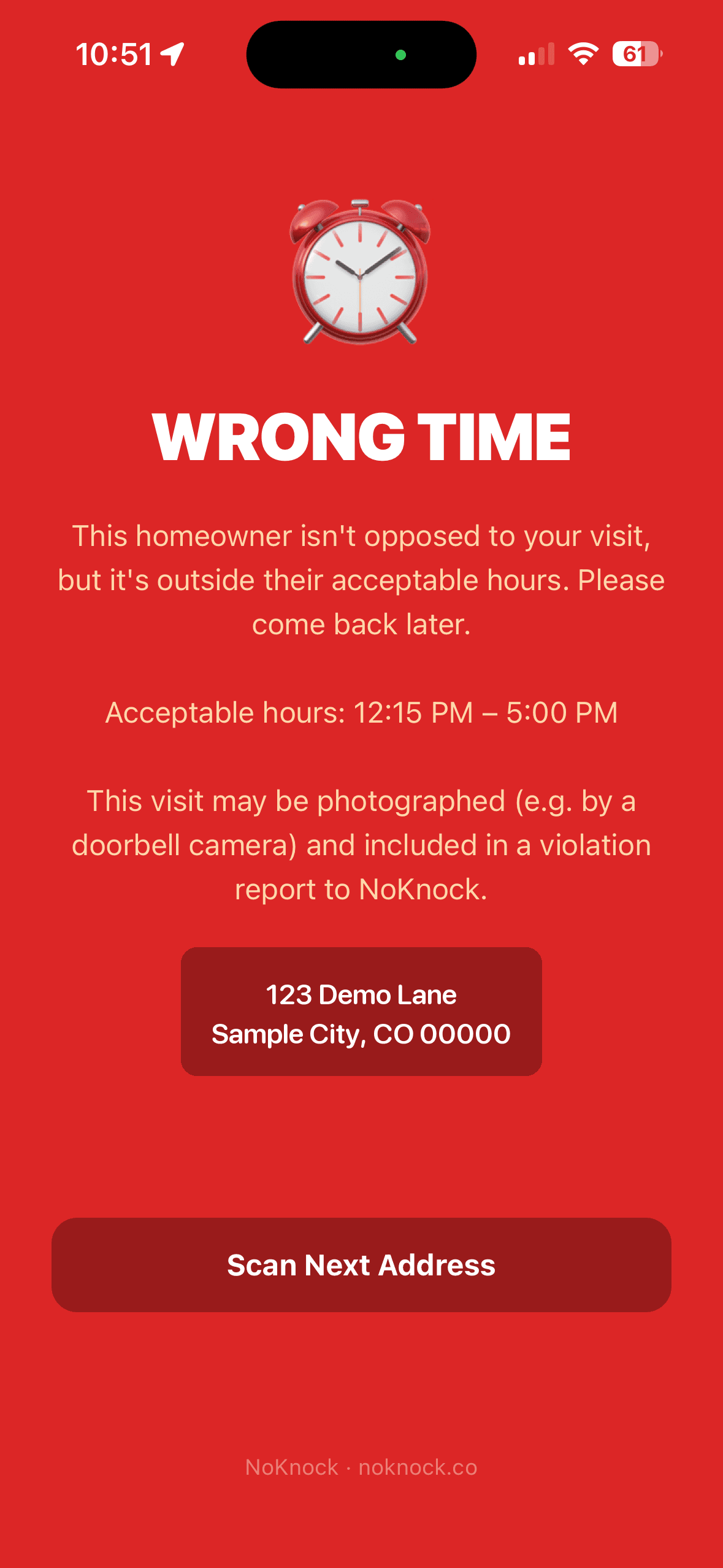 Canvasser app showing a red "Wrong Time" scan result