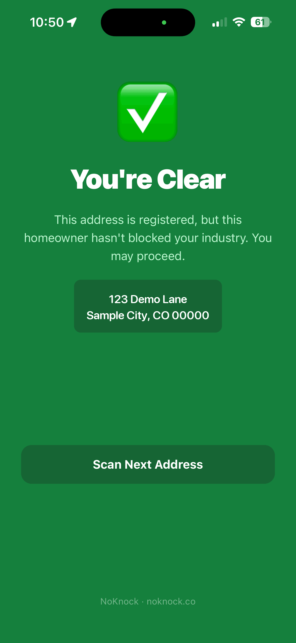 Canvasser app showing a green "You're Clear" scan result